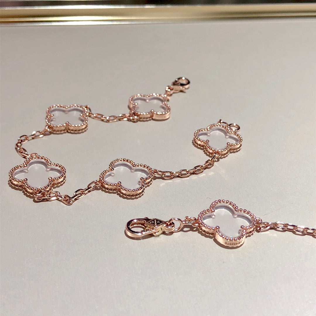 [Regal Jewels]CLOVER 5 MOTIF ROCK CRYSTAL PINK GOLD BRACELET