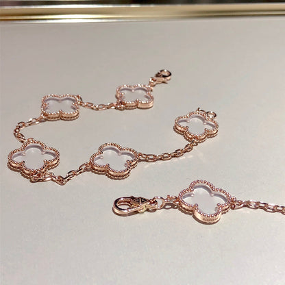 [Regal Jewels]CLOVER 5 MOTIF ROCK CRYSTAL PINK GOLD BRACELET