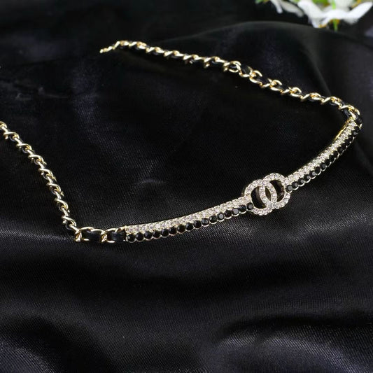 [Regal Jewels]Black Leather Interwoven Crystal CC Choker Necklace